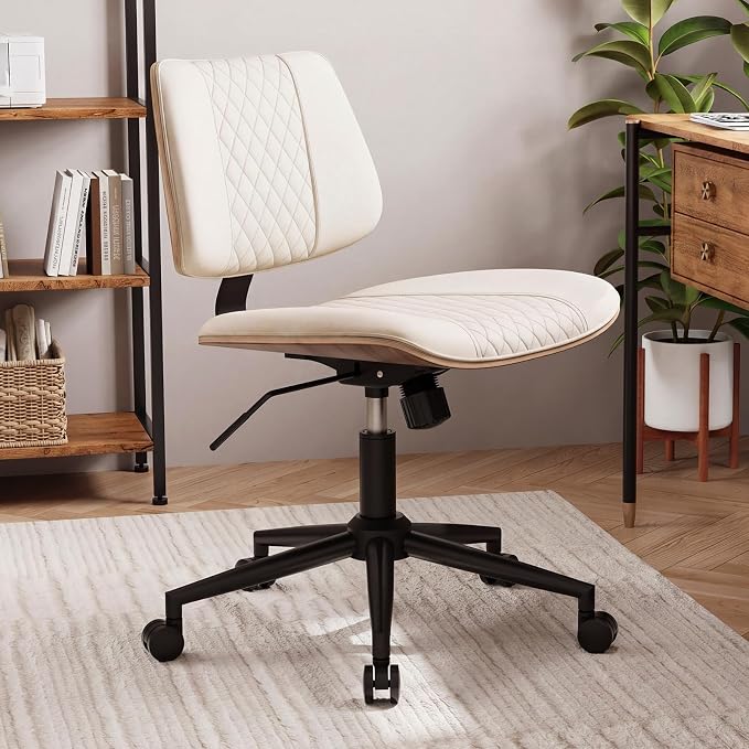 Modern Armless Office Chair with Wheels, Adjustable Swivel Desk Chair with Wide Seat and Tilt Function, Faux Leather Mid Century Task Chair for Home Office, Bedroom, Vanity, Beige
