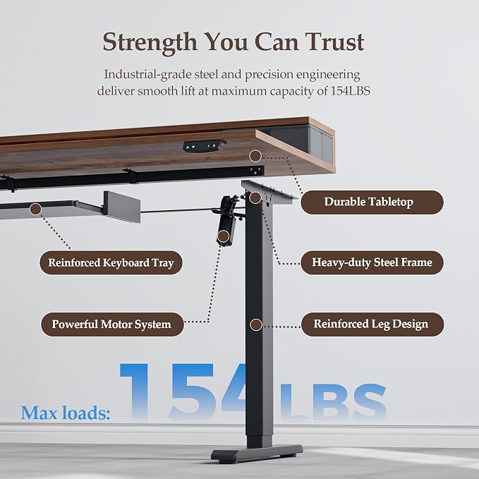 Klicelor 63 x 24 Inch Electric Standing Desk with Drawers and Keyboardtray, Adjustable Height Small Sit Stand Desk for Home Office, Compact Computer Workstation with Storage- Rustic Brown