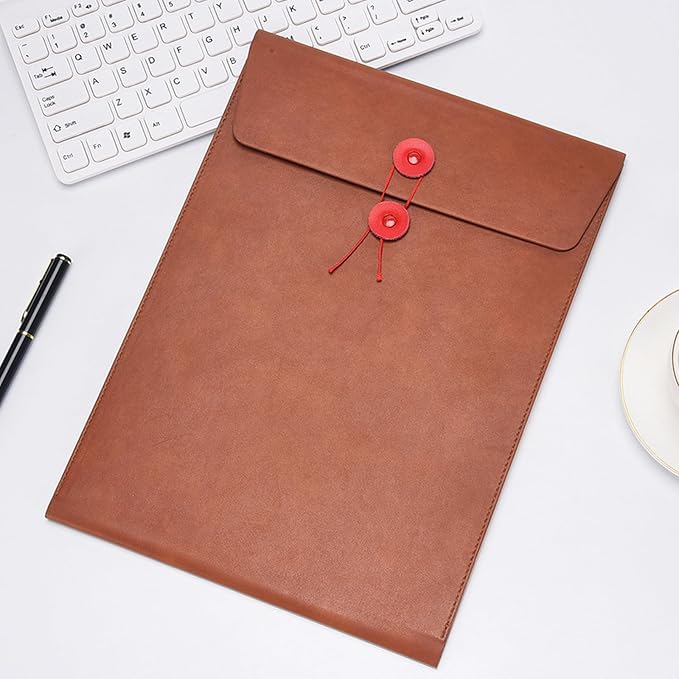 VANRA Vertical PU Leather Envelope File Folders Expanding Document Holder Organizer Pocket Folder Portfolio for A4 Letter Size Paper with String Tie Closure (Brown)