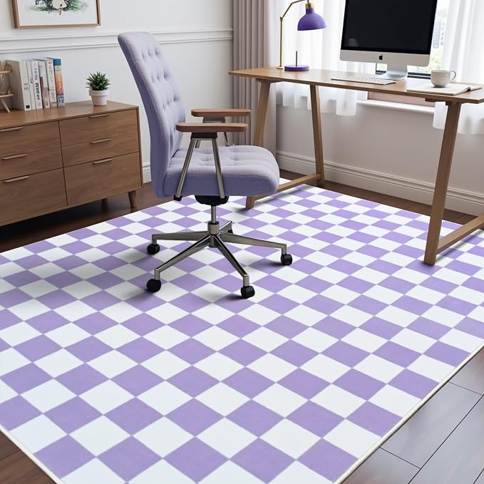Terrug Purple and White Checkered Rug for Bedroom,3x5 Area Rugs Washable with Non Slip for Living Room,Soft Low Pile Stain Resistance Retro Carpet for Dorm Kids Room
