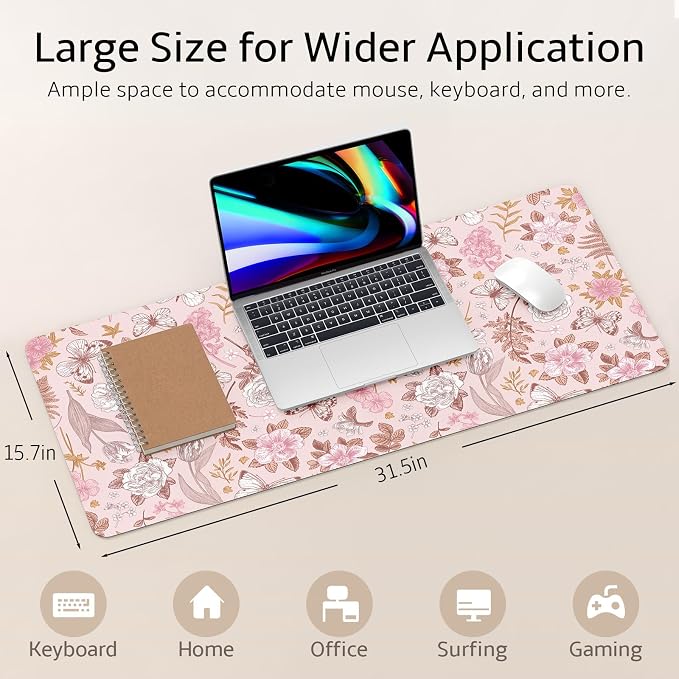 Mouse Pad Leather Desk Mat Large Keyboard Cute Office Desktop Computer Laptop XXL Long Big Aesthetic Modern Design Women Girls Gaming Gamer Oversized Wide Mousepad 31.5"x15.7", Pink Floral