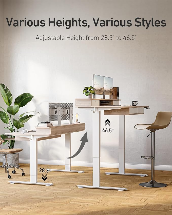 CubiCubi 60" x 30" Standing Desk with Drawers, Height Adjustable Electric Workstation, Computer Sit Stand Up Table with Large Storage Shelf 4 Drawers and 2 Hooks, Light Rustic Brown