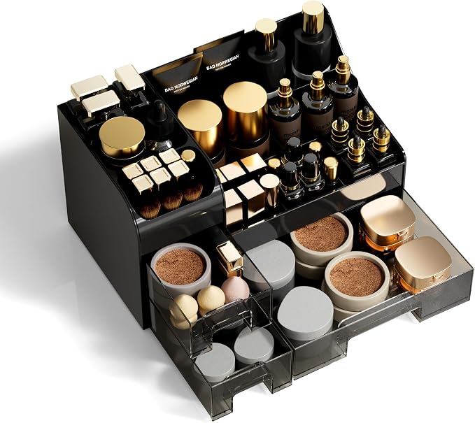 Extra Large Makeup Organizer for Vanity,Countertop Organizer with Drawers and Brush Holder,Men’s Cologne Organizer for Bathroom,Cosmetic Skin Storage for Lipsticks,Nail Polish & Shaving Lotion,Black