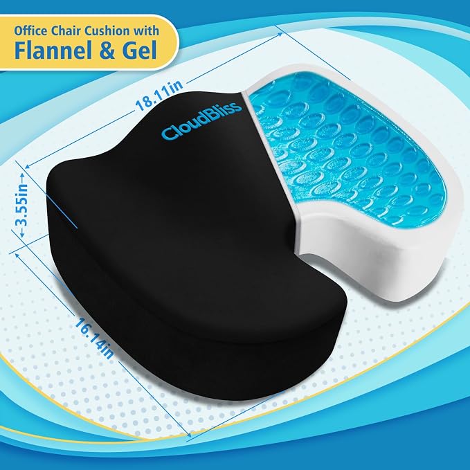 CloudBliss Gel Memory Foam Seat Cushion for Long Sitting, X-Large, Black | Gel Chair Pad for Tailbone, Coccyx, Sciatica , Soft Suede Cover, Non-Slip , Washable Mesh, for office, home, car