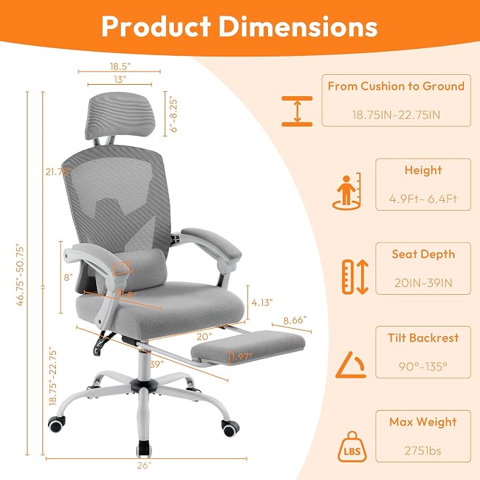 Ergonomic Office Chair with Footrest, Comfortable Desk Chair Gaming Chair | Leg Rest, Swivel Mesh Desk Chair with Headrest and Lumbar Support for Home, Office, Work, Study, Grey