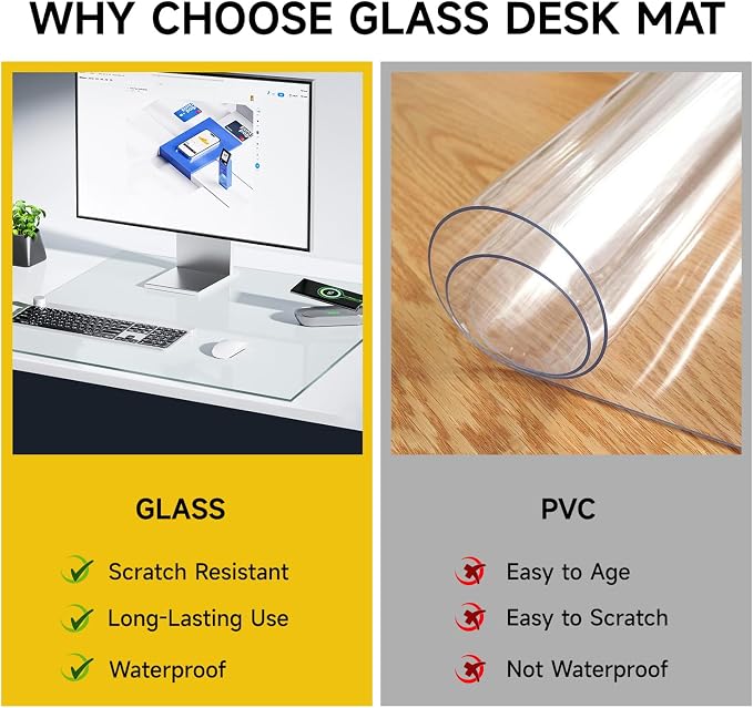 VASUHOME 24" x 18" Clear Tempered Glass Desk Mat - Multi-Functional Desk Pad for Keyboard and Monitor Protection, Dry Erase Surface, Ideal Table Top Protector for Home & Office