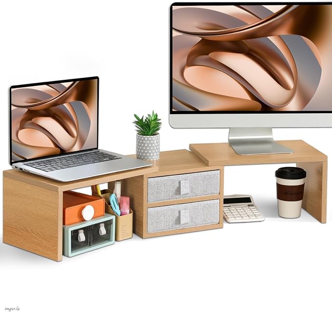 TEAMIX 42 inch Dual Monitor Stand Riser with 2 Drawers- Length and Angle Adjustable 3 Shelf Riser with Storage Desk Organizer Computer Monitor Stand for 2 Monitors/Laptop/PC,Screen/TV Stand Riser