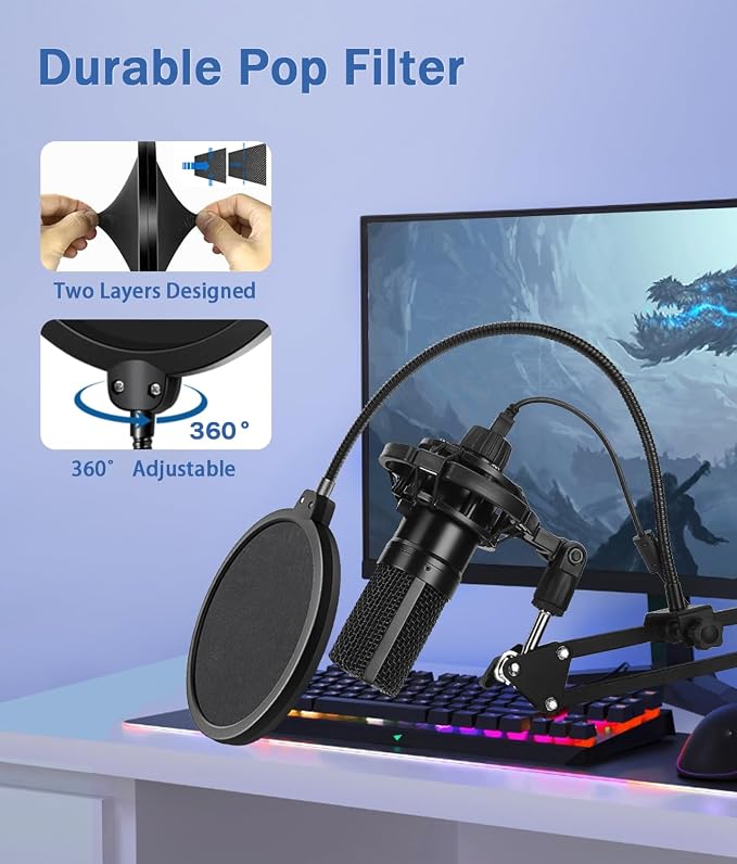 BILIONE Microphone Stand, Mic Boom Arm Stand for Blue Yeti QuadCast S SoloCast Snowball AM8 and other Mics, with Pop Filter Shock Mount Microphone Clip Cable Ties