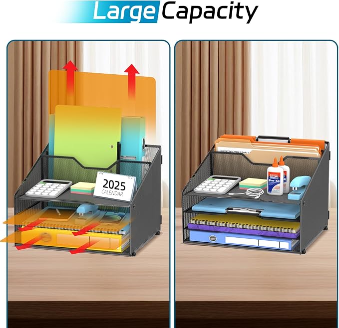 Desk File Organizer, 4 Letter Trays and 2 Upright Sections, Black | Paper Organizer for Desk with Tiered Letter Trays and Vertical File Holders for Home Office, School and Workspace Use