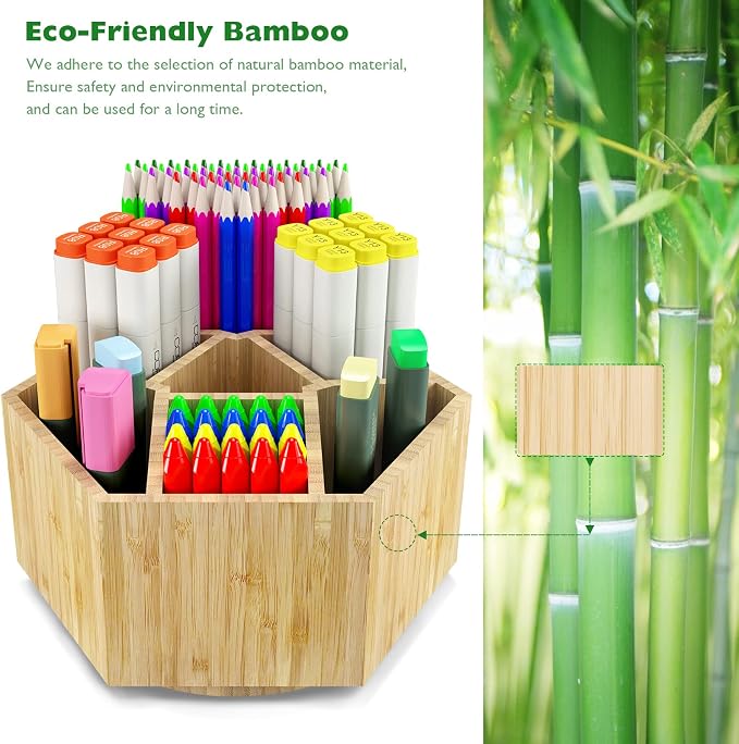 Bamboo Art Supply Organizer,Rotating Pencil Holder Back to School Supplies | Hold 350+ Pencils, for Pen, Colored Pencil, Art Brushes, Desktop Storage Caddy for Classroom & Art Studio