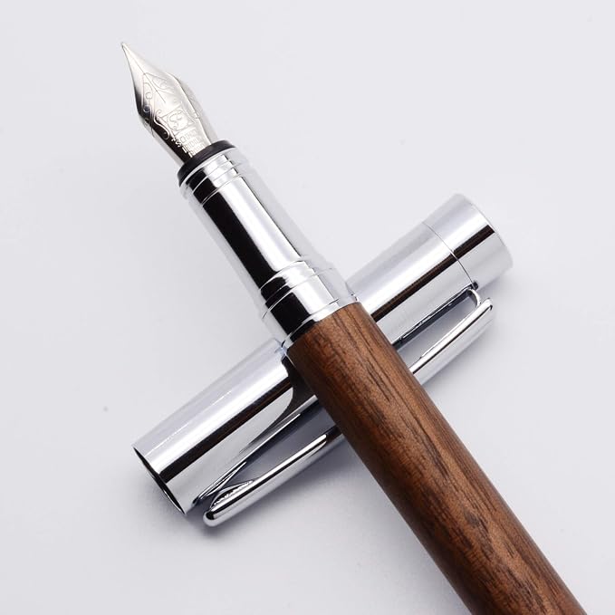 LACHIEVA LUX Walnut Fountain Pen, German Fine Nib, Smooth Ink Flow, Wooden Gift Box with Converter & 2 Cartridges, Fancy Pen for Men and Women