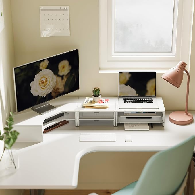 Fenge Dual Monitor Stand with Storage, Corner Desk Shelf for Top of Desk | Wooden Monitor Riser with Drawer and Slide-Out Tray, 2 Tier Storage, for Home Office, Computer, Laptop, Printer