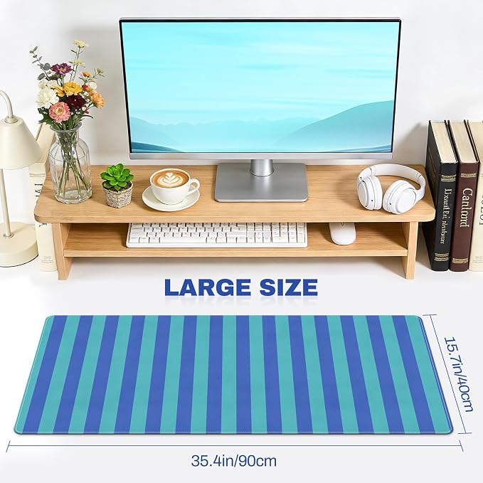 Striped Desk Mat,PU Leather Desk Pad,Extra Large Mouse Pad Table Mat for Laptop Computer, Blue Turquoise Keyboard Mat,Waterproof PU Desk Cover Mat for Office Home Deco