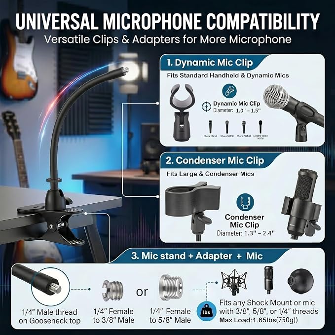 ROCKFREE Microphone Stand with 360° Rotating Base,Heavy-Duty Desk Clamp,8" Flexible Gooseneck Mic Mount,Includes 1/4" to 3/8" & 5/8" Metal Adapters for Shure,Fifine,HyperX,AT2020,Blue Snowball,Razer