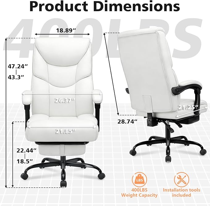 WAILOR 400lbs Office Chair with Foot Rest, Reclining Big and Tall Office Chair with Lumbar Support, High Back PU Leather Computer Chair,Comfy Desk Chair for Home Office (Casual) (White)
