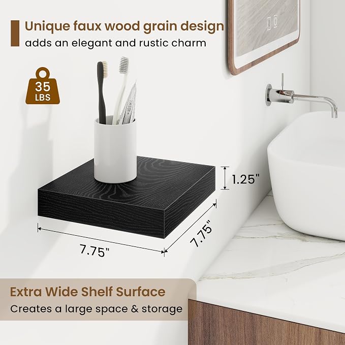 Marsmiles Square Floating Shelves for Wall, 8" W x 8" D x 1.25" H, 3 Pack Small Wall Mounted Engineered Wood Shelves with Invisible Brackets for Living Room, Bedroom, Bathroom, Kitchen Decor, Black
