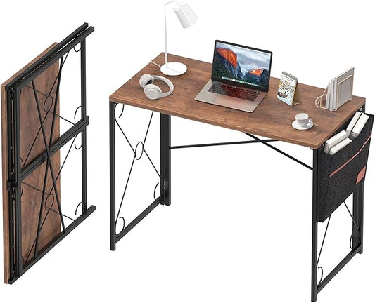 VECELO 39 Inch Folding Desk Simple Assembly Desk, Writing Computer Desk for Home Office Study Office Desk Foldable Table for Small Spaces, Brown