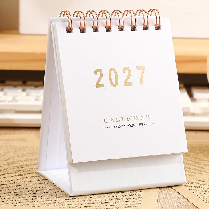 Mini Desk Calendar 2026-2027, Monthy Small Desktop Calendar Runs From July 2026 until Dec 2027, 250 GSM Thick Paper Twin-Wire Binding for Home or Office (White)
