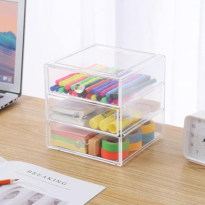 AJIODA Makeup Drawer Organizer Box with 3 Drawers, Acrylic Cosmetic Display Case Vanity Organizer Jewelry Storage Box Stackable Storage for Cosmetics, Skin Care, Bathroom, Countertop, Clear