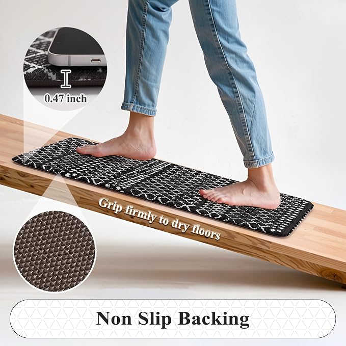 KIMODE Anti Fatigue Kitchen Mats for Floor 2 Piece, Cushioned Farmhouse Kitchen Rugs, Memory Foam Kitchen Floor Mats, Standing Desk Mats for Laundry Office Sink Black 20"x47"+20"x32"
