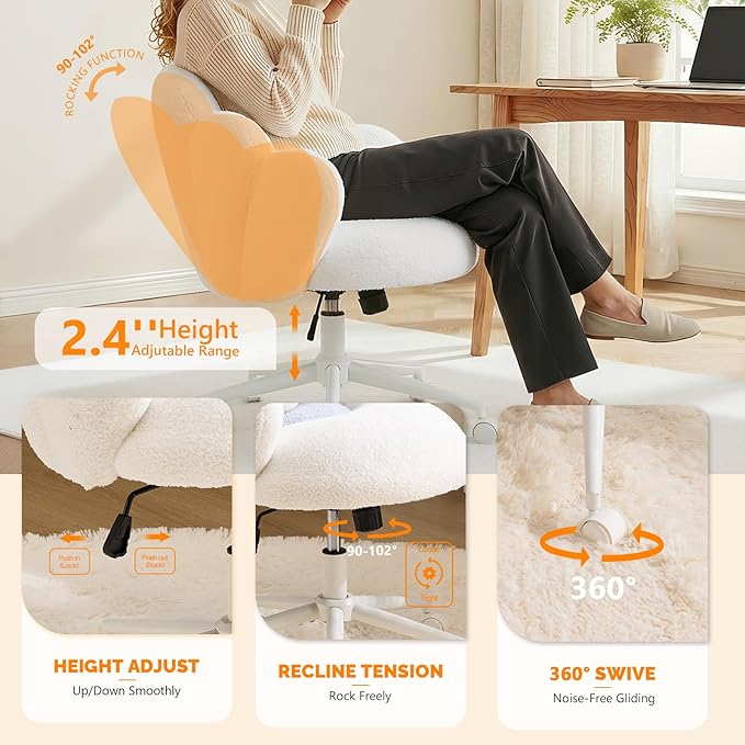 VINGLI Lovely Petal Vanity Desk Chair with Star Pillow, Height Adjustable Armless Swivel Chair in Vibrant Color-Blocking, Modern Computer Task Chair for Bedroom & Home Office, Teddy Fleece,White