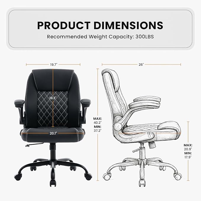 Leather Office Chair, 300lbs Heavy Duty Mid-Back Desk Chairs with Flip-up Armrests, Space-Saving Swivel Task Chair with Wheels, Adjustable Height and Ergonomic Back Support, Black