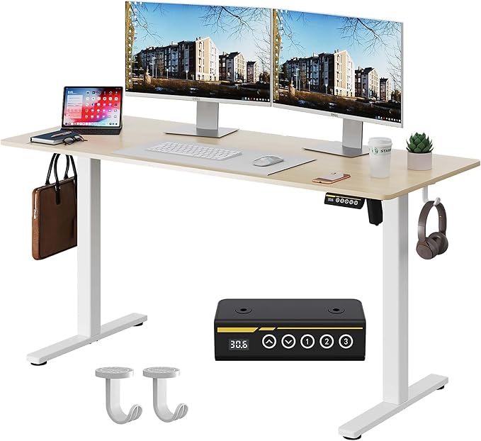 Large Electric Standing Desk,55x24 Inches Adjustable Height Stand up Desk, Sit Stand Home Office Desk, 3 Preset Heights,Equipped with Hooks,Ergonomic Computer Desk Workstation，Nature