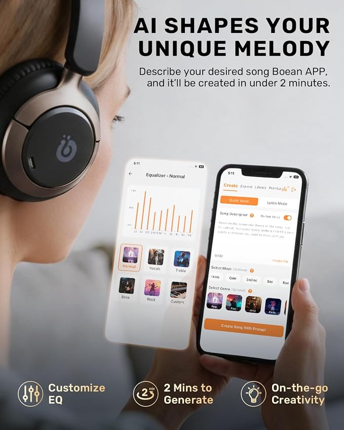 Boean Active Noise Cancelling Headphones, Bluetooth 6.0 Wireless Over Ear Headphones with 120H Playtime, 360° Spatial Audio & 5 ENC Mics, Soft Memory Foam, Transparency Mode for Office Travel Gaming