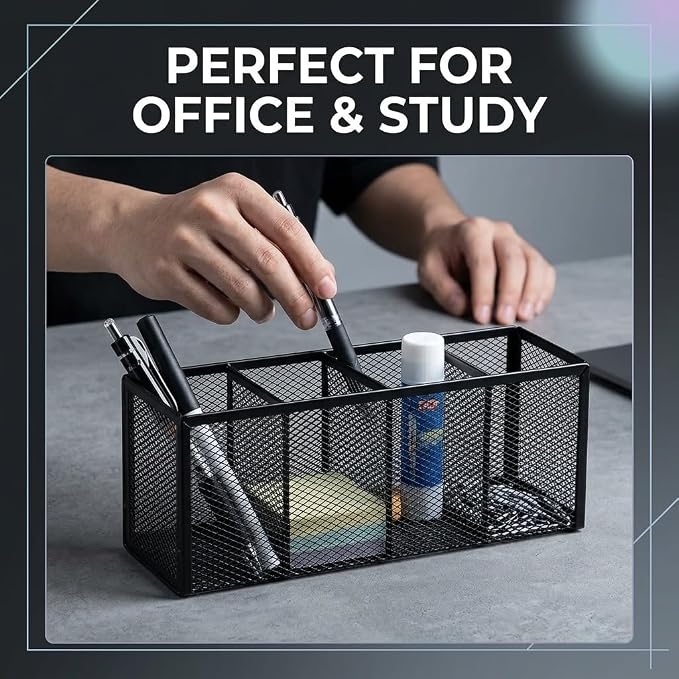 Metal Pen Holder, Pencil Holder 4 Compartments, Mesh Pen Storage Pencil Organizer Cup Makeup Brush Holder for Office Desk Accessories, Black
