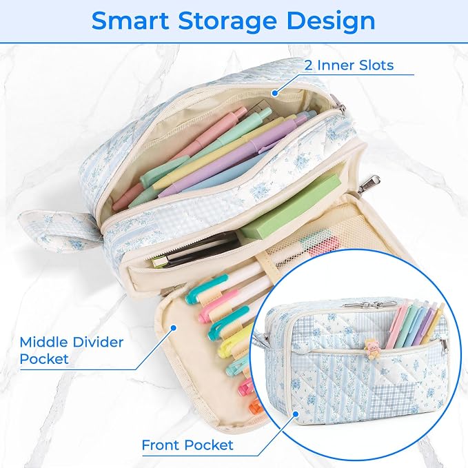 WOBAGMEN 62PCS Aesthetic School Supplies with Quilted Pencil Case, Pastel Highlighters, Gel Pens Mechanical Pencils Set, Cute Back to School Supplies, College Essentials (Blue Floral Patchwork, M)