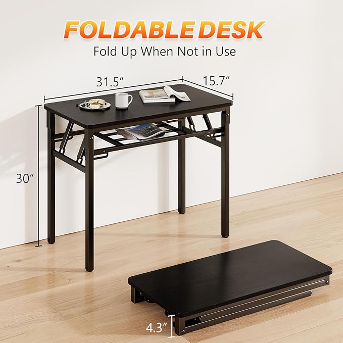 BYMECOST 31.5 inches Folding Desk Small Desk, No Assembly Computer Desk with Storage Shelf, No Install Small Foldable Table for Home Office,Study Table for Small Space (Black, 31.5")