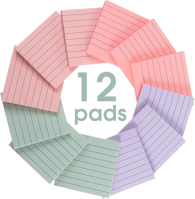 AmazingSpark 12 Pack Lined Sticky Notes 3x3 inch Post Ruled Stickies Super Self Stick Power Memo Pads Multi Colors Notes Pads Vintage Aesthetic School Office Supplies Accessories(Macarons)