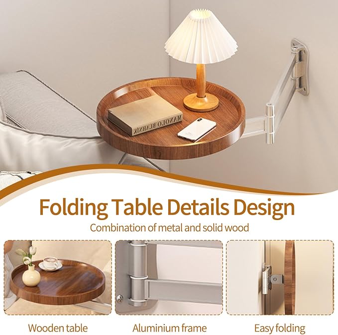 Wall Mounted Folding Round Table,11Inch Small Foldable Retractable Wooden Coffee Table Tray Fold Down Wall Desk Flip-Out Design Nightstand for Bedroom Living Room Balcony (Brown)