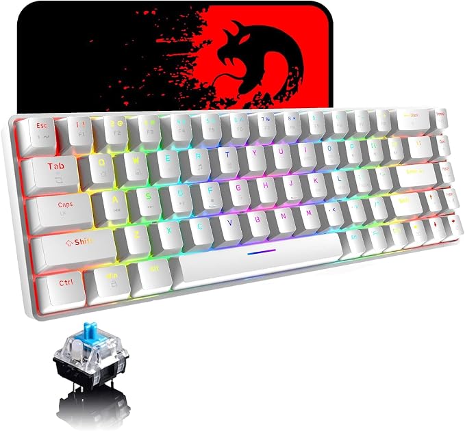 65% Wired Gaming Mechanical Keyboard and Mouse Combo, Mini 68 Keys, RGB Backlight, Lightweight RGB Optical Mouse,Mouse Pad Compatible with PS4,Xbox,PC,Laptop,MAC (White/Blue Switch)
