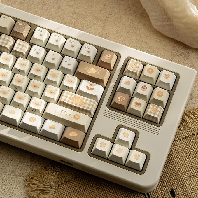 PBT Keycaps, Cute Bread Keycaps Set, 136 Keys Cherry Profile Keyboard Caps, Custom Dye-Sublimation Key Cap for 61/64/68/84/87/100/104/108 Cherry MX Mechanical Keyboards (Bread)