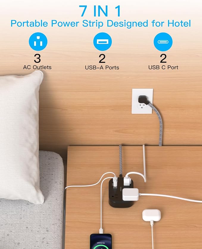 Cruise Essentials 2026,Travel Power Strip with USB C,Flat Plug Extension Cord with 3 Outlets 4 USB Ports(2 USB C),6 ft Desk Wall Outlet Extender,Non Surge Protector for Cruise,Dorm Room,ETL-Black
