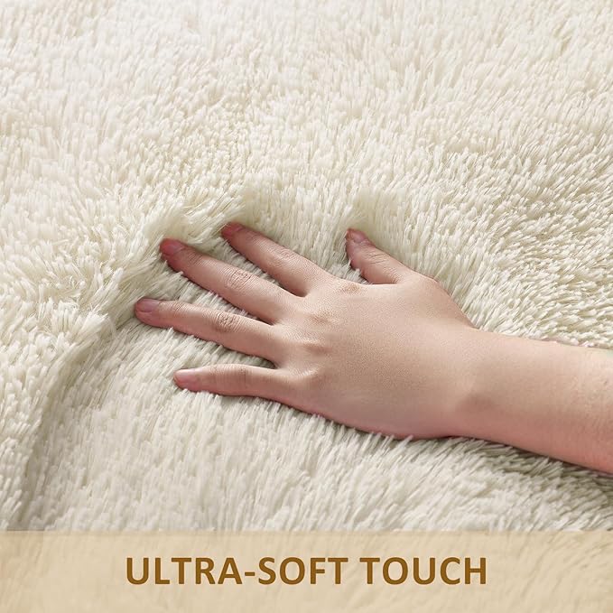 Ophanie Round Rugs 7Ft Ivory Circle Area Rug Washable, Living Room Aesthetic Decor, Fluffy Fuzzy Bedroom Carpet, Plush Soft Shaggy Cream Rugs for Kids Home Decor, Nursery with Over 99 pcs Pile fibers
