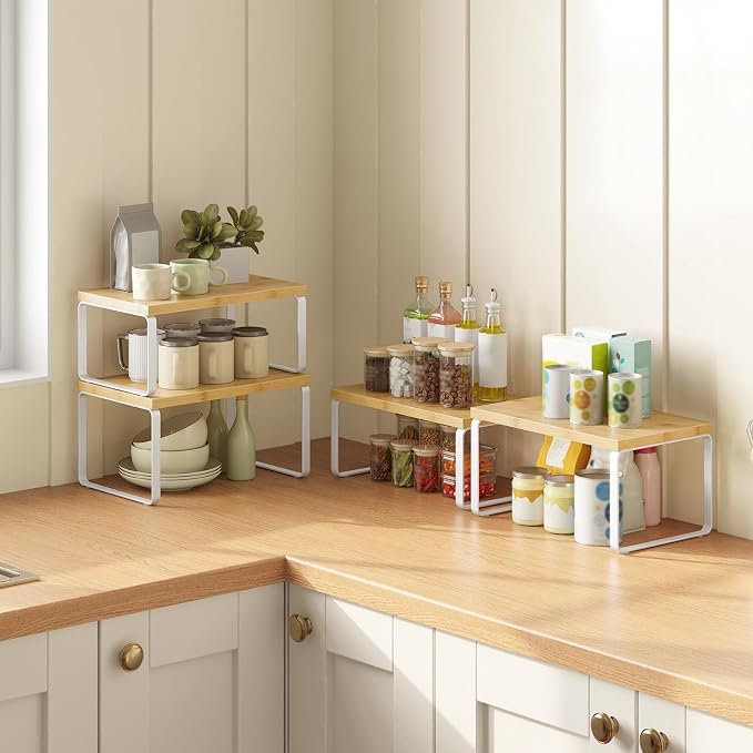 HOOBRO Cabinet Organizer Shelf, Set of 4 Kitchen Counter Shelves, Expandable Kitchen Storage, Stackable Bamboo Spice Rack, for Kitchen, Countertop, Office Desk, Bathroom, Natural and White YW30TLP201