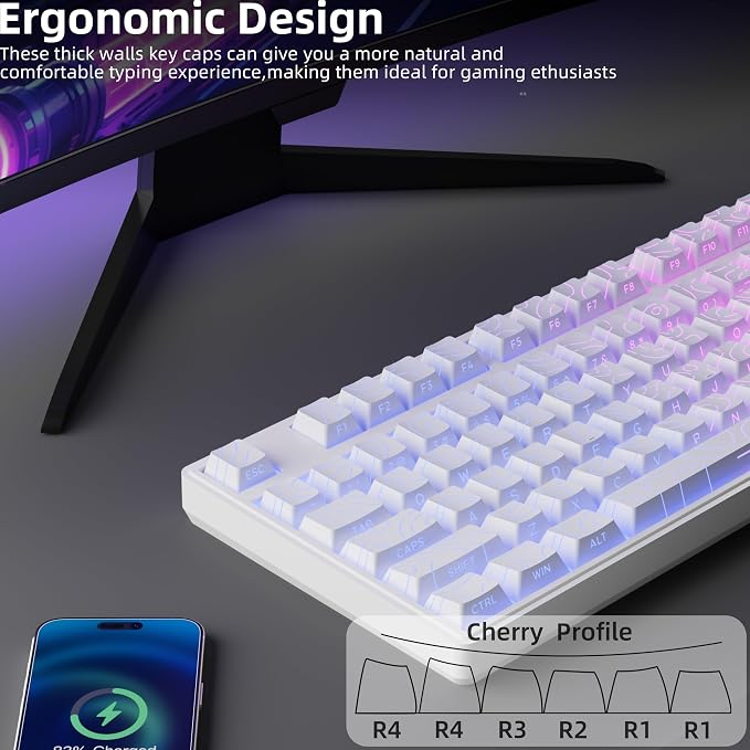White Topographic PBT Keycaps,97 Key Caps Set Side Printed,No Tear & Fade Shine Through RGB Backlit Cherry Profile Keycaps (Ergonomic,Doubleshot) for 61/64/66/68/71/75/84/87 MX Mechanical Keyboards