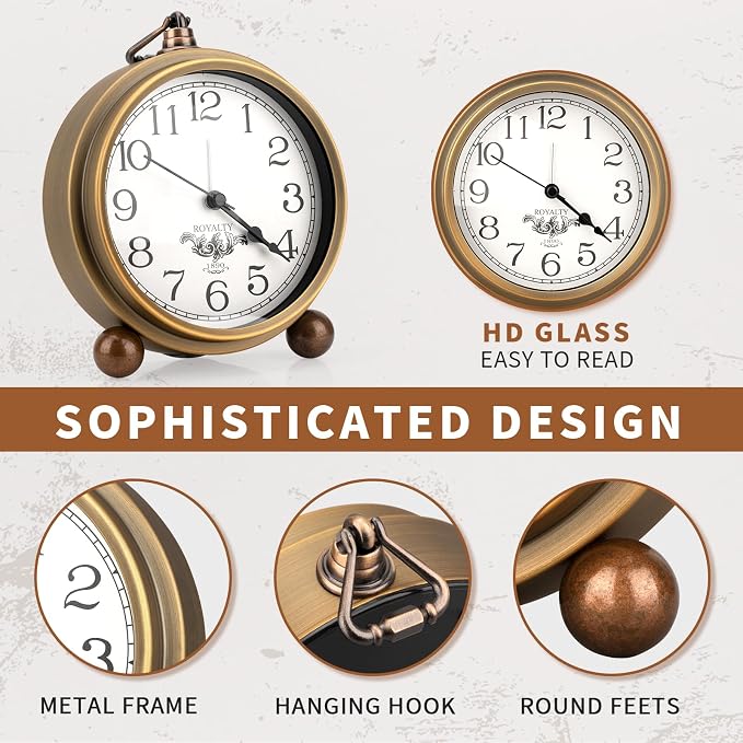 Maxspace Metal Golden Table Clock, Retro Vintage Non-Ticking Small Alarm Clock,Battery Operated Silent Quartz Movement HD Glass Desk Clock for Bedroom Living Room Indoor Decoration Kids… (Arabic2)