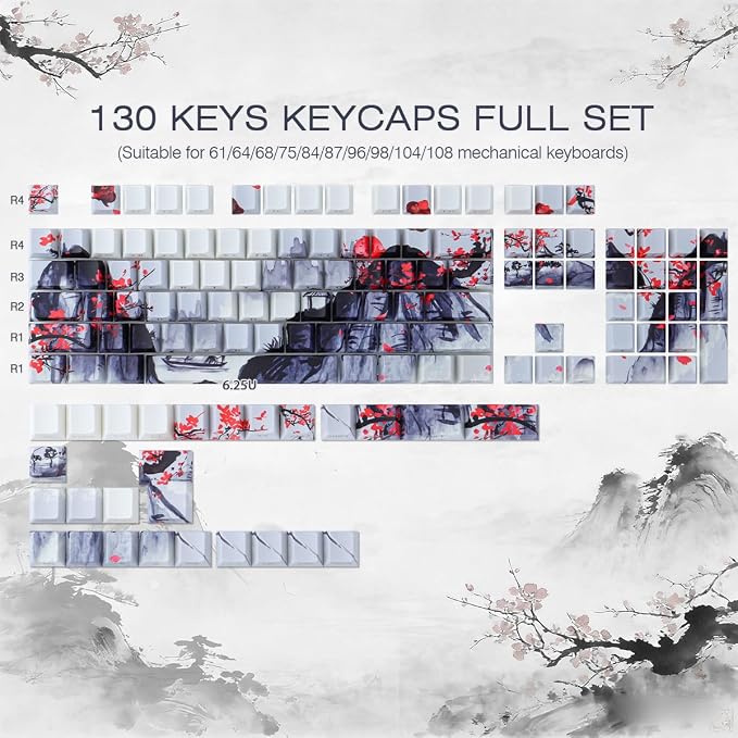 JOMKIZ Ink Painting Keycaps, Red Plum Blossom Landscape Cherry Profile Custom Keycap Set, 130-Key PBT Side-Printed Shine-Through Keycaps for Mechanical Keyboards