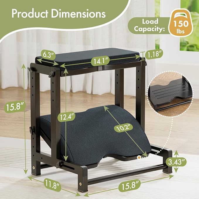 Double Step Foot Rest Under Desk, Adjustable Wooden Desk Foot Rest with 4 Heights, Ergonomic Foot Stool with Cushion for Office, Gaming & Study (Black)
