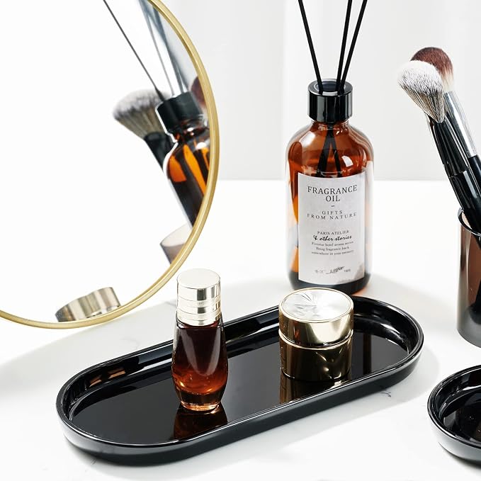 SheeChung Acrylic Vanity Tray, Bathroom Makeup Organizer Countertop, Black | 9.65" x 4.5", Perfume Jewelry Candle Dispenser Catchall Tray, Sturdy Holder for Cabinet Shelf Closet Drawer Organizer, 2 Pack