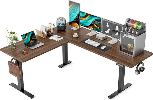 FEZIBO 75" x 63" L-Shaped Standing Desk - Adjustable Corner Desk L Shape, L-Shaped Adjustable Desk with Splice Board, L Shape Standing Desk, Black Walnut