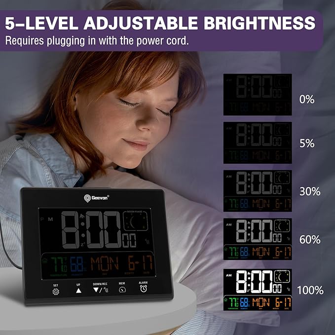 Geevon Digital Atomic Alarm Clocks with 2 USB Ports for Seniors Elderly | Battery Color VA Display Wall Clock with Indoor Temperature and Humidity, DST, Calendar, and Moon Phases for Bedrooms