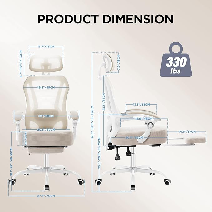 Ergonomic Office Chair with Footrest,Ultra Thick Desk Chair,Cream | 150°Reclining,Mesh High Back,Adjustable 2D Lumbar Support and Headrest,4.8" Spring Cushion,Premium Computer Chair for Adults