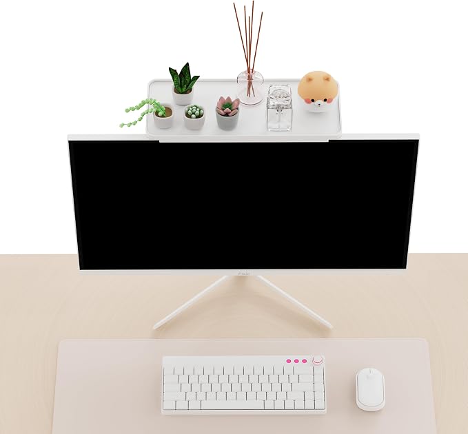 Pixio 12 inch White Monitor Storage Top Shelf - Adjustable Platform, Universal Fit, Holds Up to 13lbs, Works on TV, Flat, Curved Monitors, Storage for Webcams, Clocks, Phone, Figures