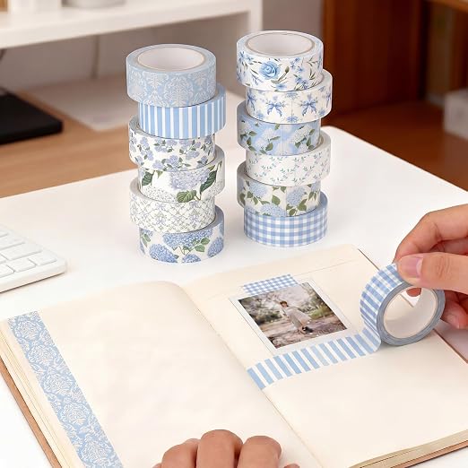 Gueevin 24 Rolls Watercolor Floral Washi Tape Set 15 mm Seasonal Flower Decorative Washi Tape for Craft Arts DIY Scrapbook Journaling Supplies Gift Wrapping (Blue Hydrangea)