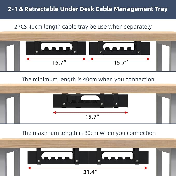 2 Pack Cable Management Under Desk Tray,Adjustable Length(15.7”-31.4”) | 2 in 1 Large Cord Organizer for Wire Management Tray,Under Table Cord Wire Organizer for Home ,Office,Computer Desk