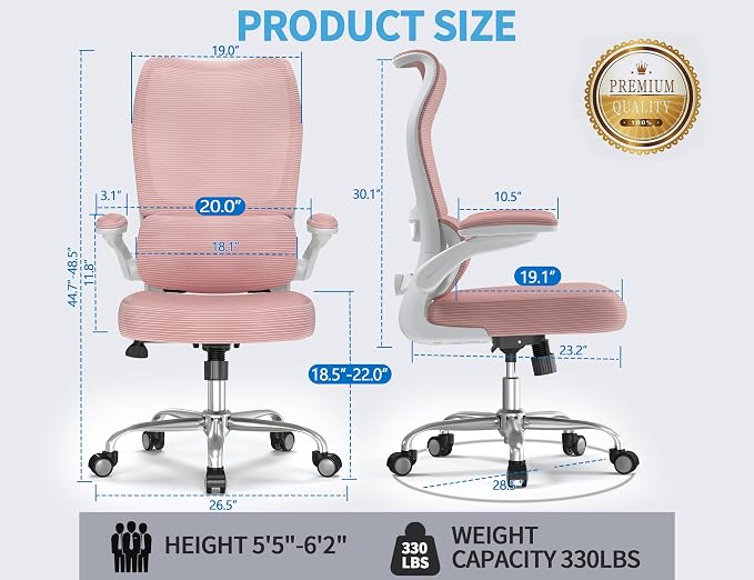 TRALT Ergonomic Office Chair- Desk Chair with Adjustable Lumbar Support | Big and Tall Back Ergonomic Desk Chair - Home Office Mesh Chairs and PU Leather Seat for Home Reading to Adults(Pink))
